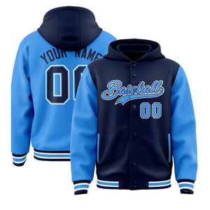 Custom Navy Powder Blue Raglan Sleeves Varsity Full-Snap Letterman Two Tone Hoodie Jacket