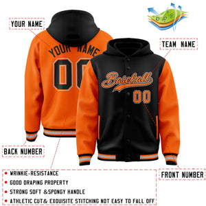 Custom Black Orange Raglan Sleeves Varsity Full-Snap Letterman Two Tone Hoodie Jacket