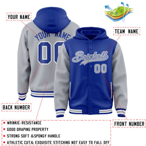 Custom Royal Gray Raglan Sleeves Varsity Full-Snap Letterman Two Tone Hoodie Jacket