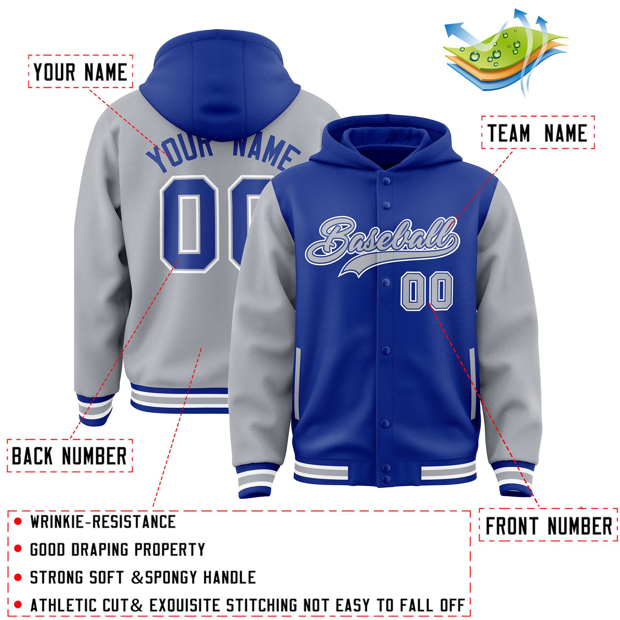 Custom Royal Gray Raglan Sleeves Varsity Full-Snap Letterman Two Tone Hoodie Jacket