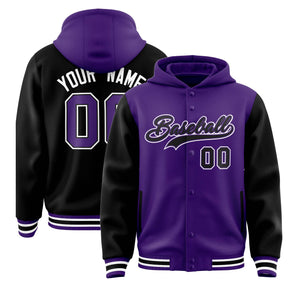 Custom Purple Black Raglan Sleeves Varsity Full-Snap Letterman Two Tone Hoodie Jacket