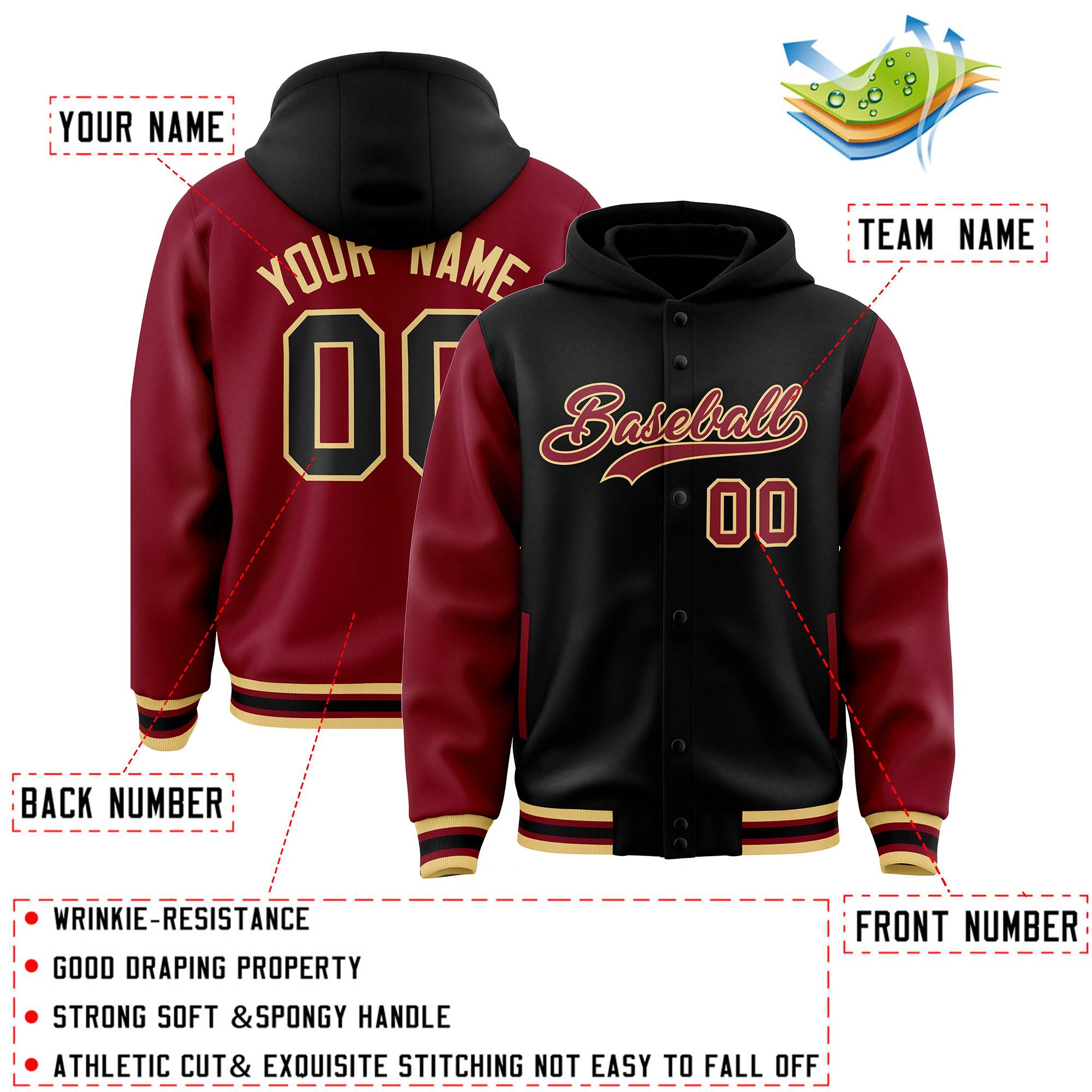 Custom Khaki Crimson Raglan Sleeves Varsity Full-Snap Letterman Two Tone Hoodie Jacket