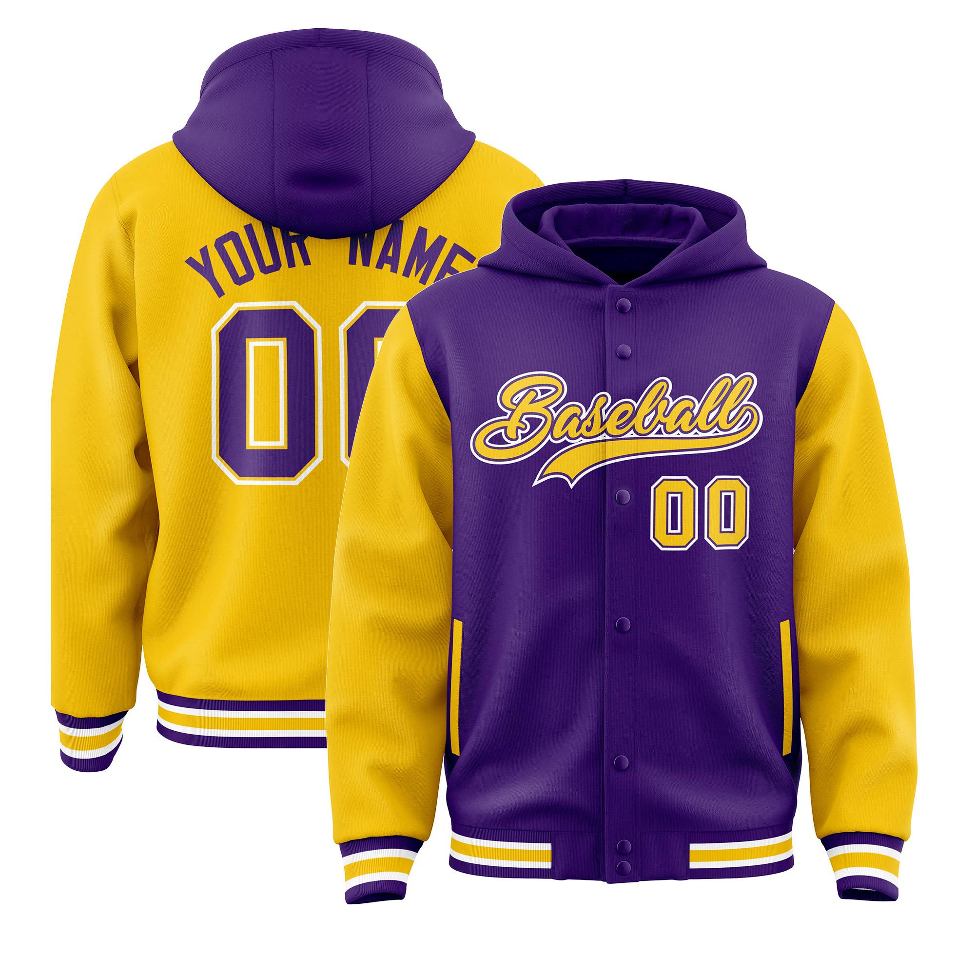 Custom Purple Gold Raglan Sleeves Varsity Full-Snap Letterman Two Tone Hoodie Jacket