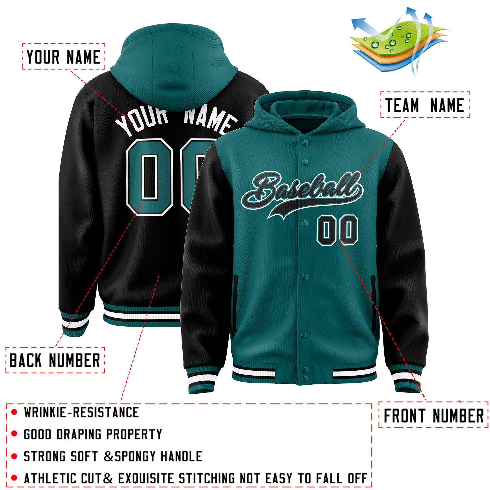 Custom Aqua Black Raglan Sleeves Varsity Full-Snap Letterman Two Tone Hoodie Jacket