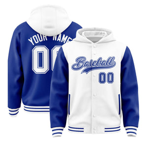 Custom White Royal Raglan Sleeves Varsity Full-Snap Letterman Two Tone Hoodie Jacket