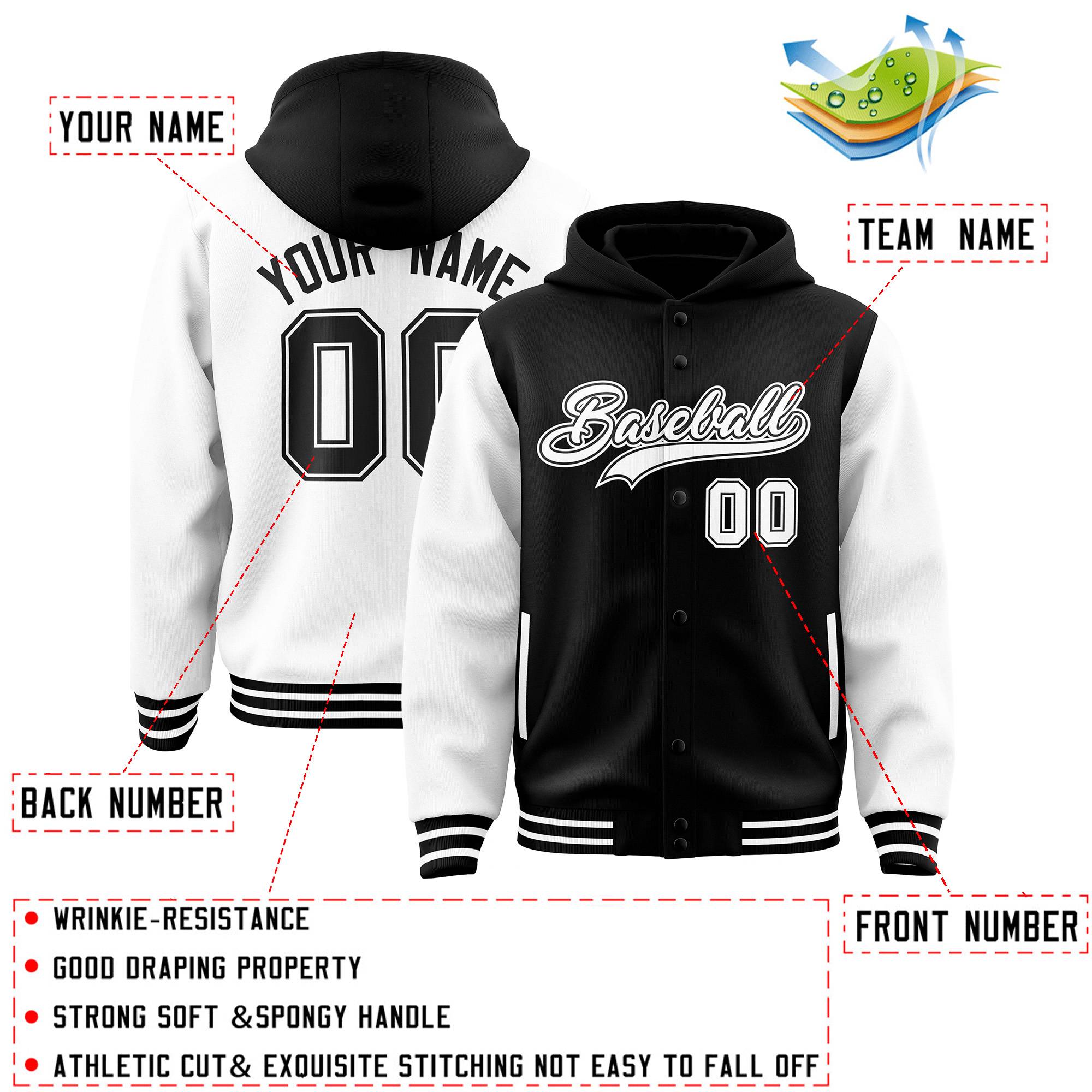 Custom Black White Raglan Sleeves Varsity Full-Snap Letterman Two Tone Hoodie Jacket