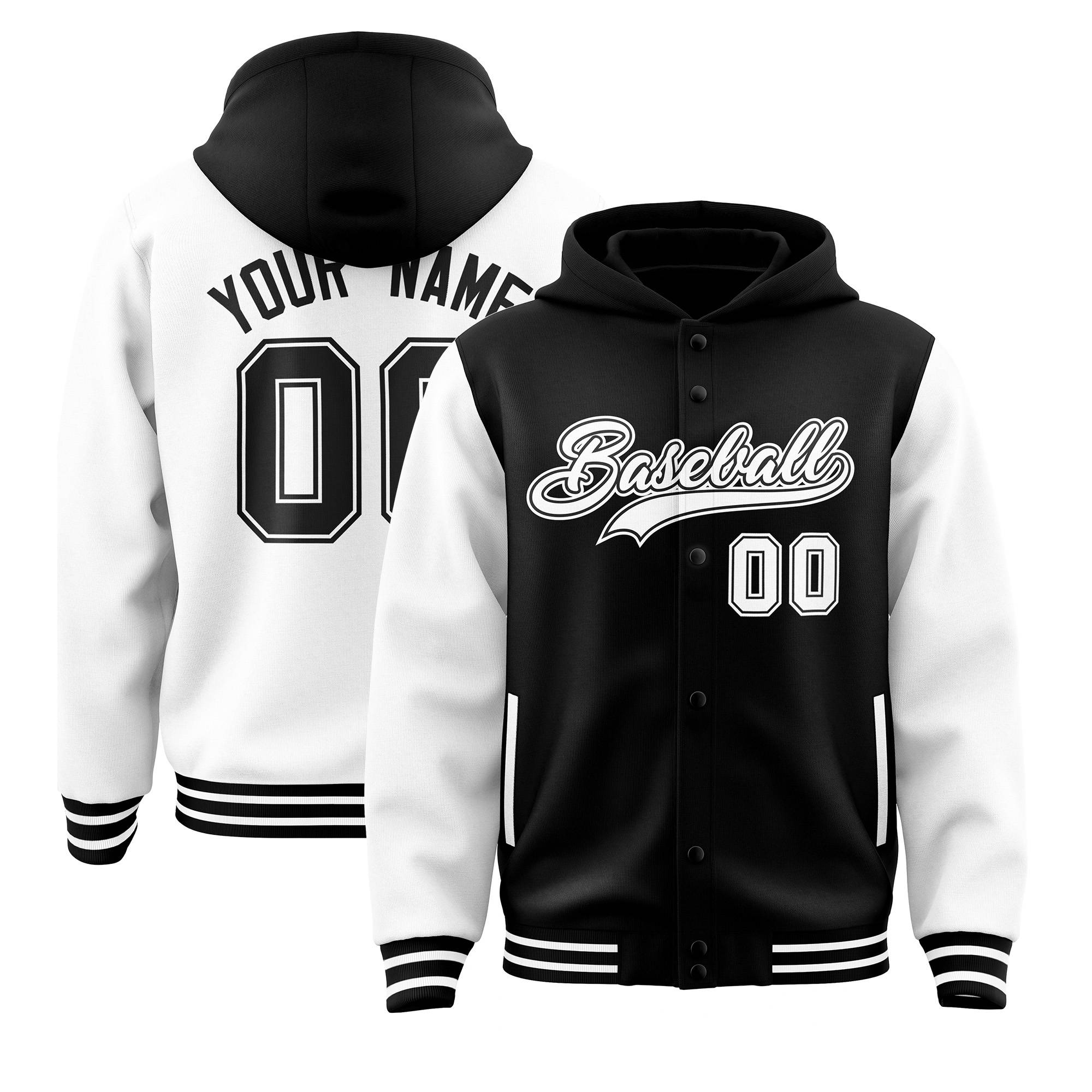 Custom Black White Raglan Sleeves Varsity Full-Snap Letterman Two Tone Hoodie Jacket