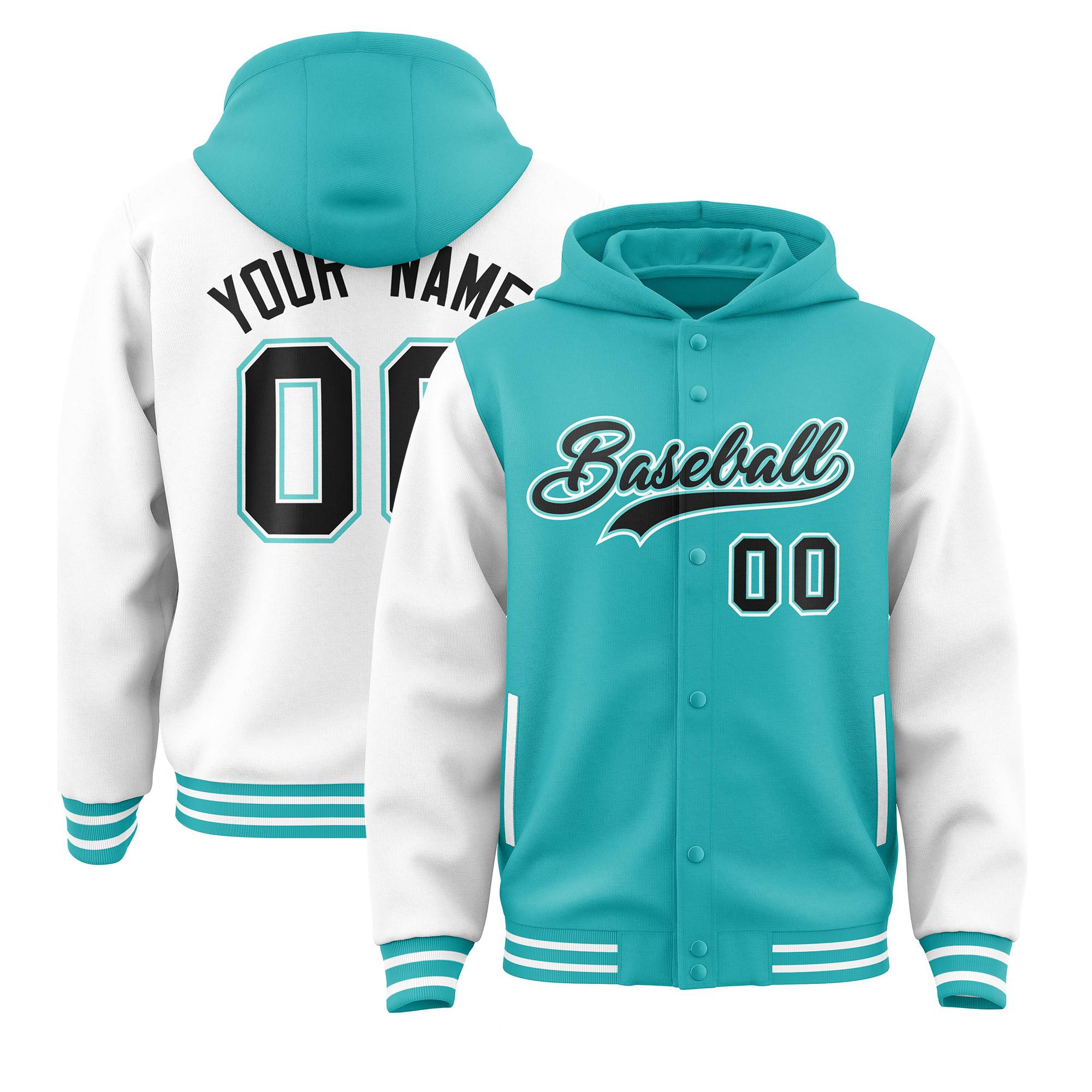 Custom Aqua White Raglan Sleeves Varsity Full-Snap Letterman Two Tone Hoodie Jacket