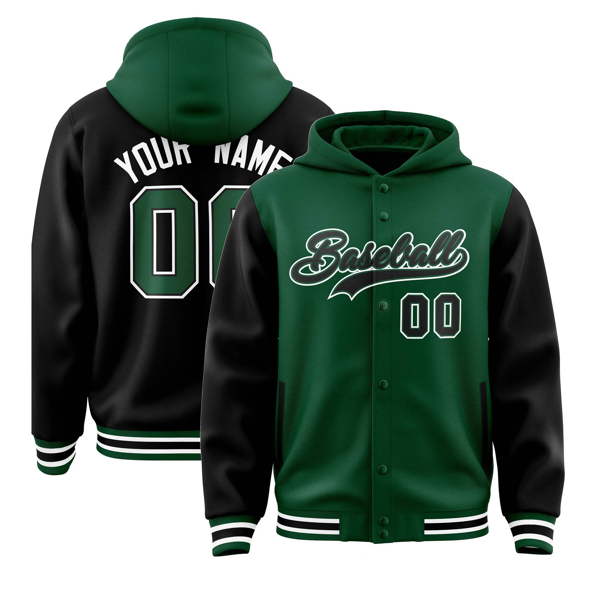 Custom Green Black Raglan Sleeves Varsity Full-Snap Letterman Two Tone Hoodie Jacket