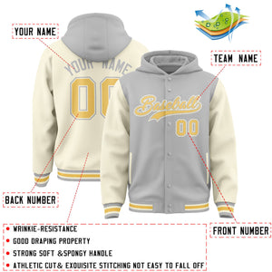 Custom Gray Cream Raglan Sleeves Varsity Full-Snap Letterman Two Tone Hoodie Jacket