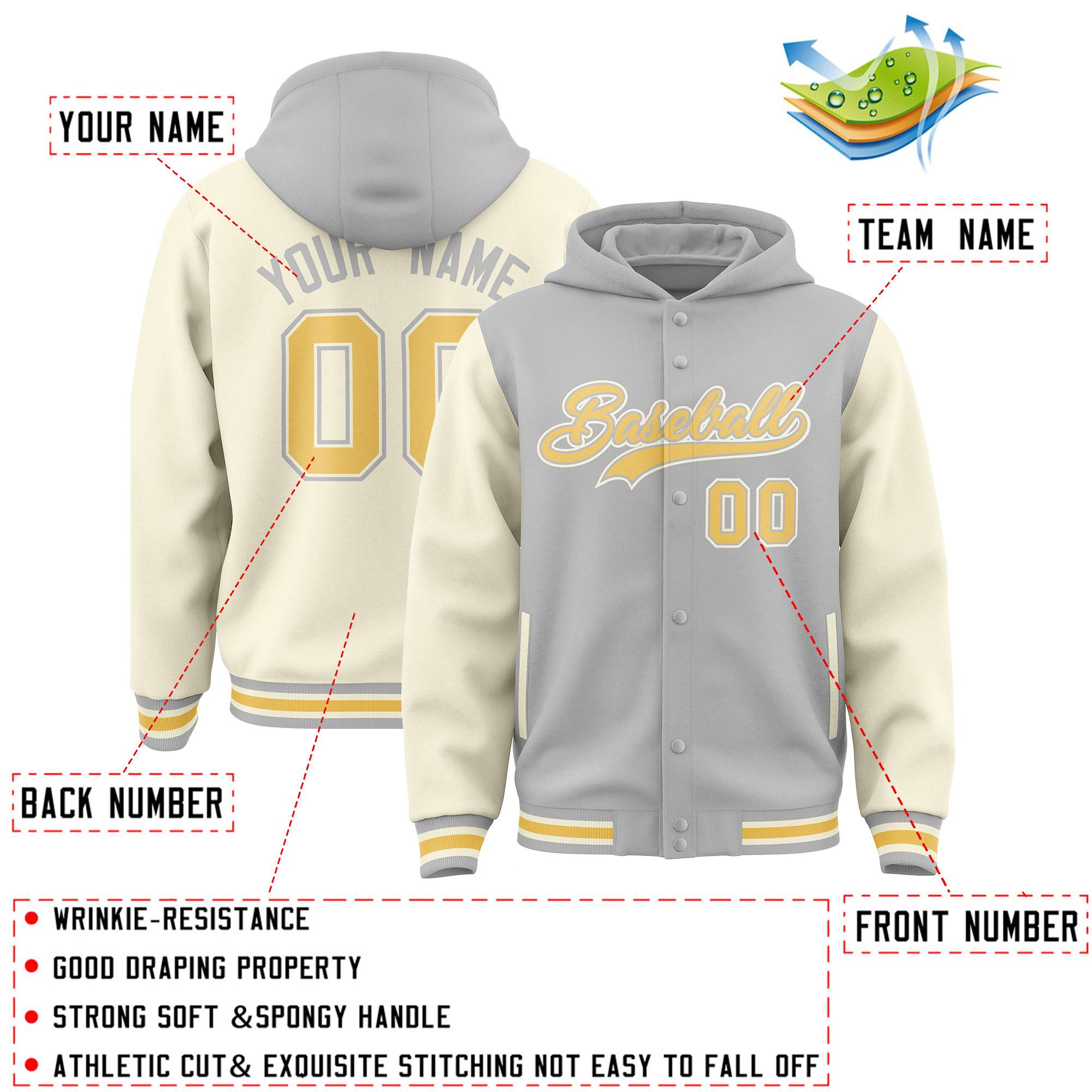 Custom Gray Cream Raglan Sleeves Varsity Full-Snap Letterman Two Tone Hoodie Jacket