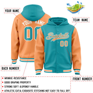 Custom Aqua Orange Raglan Sleeves Varsity Full-Snap Letterman Two Tone Hoodie Jacket