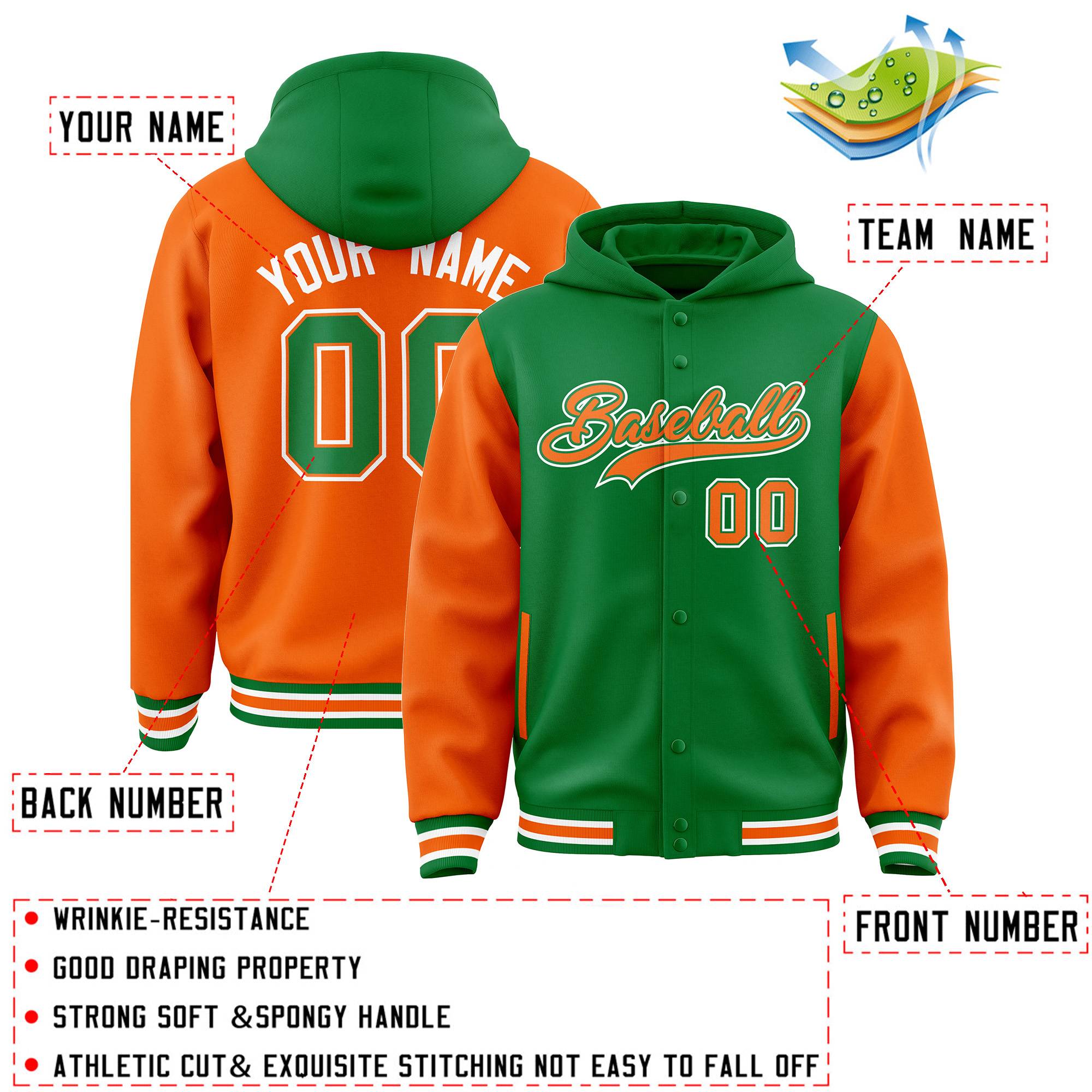 Custom Kelly Green Orange Raglan Sleeves Varsity Full-Snap Letterman Two Tone Hoodie Jacket