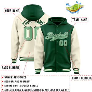 Custom Green Cream Raglan Sleeves Varsity Full-Snap Letterman Two Tone Hoodie Jacket