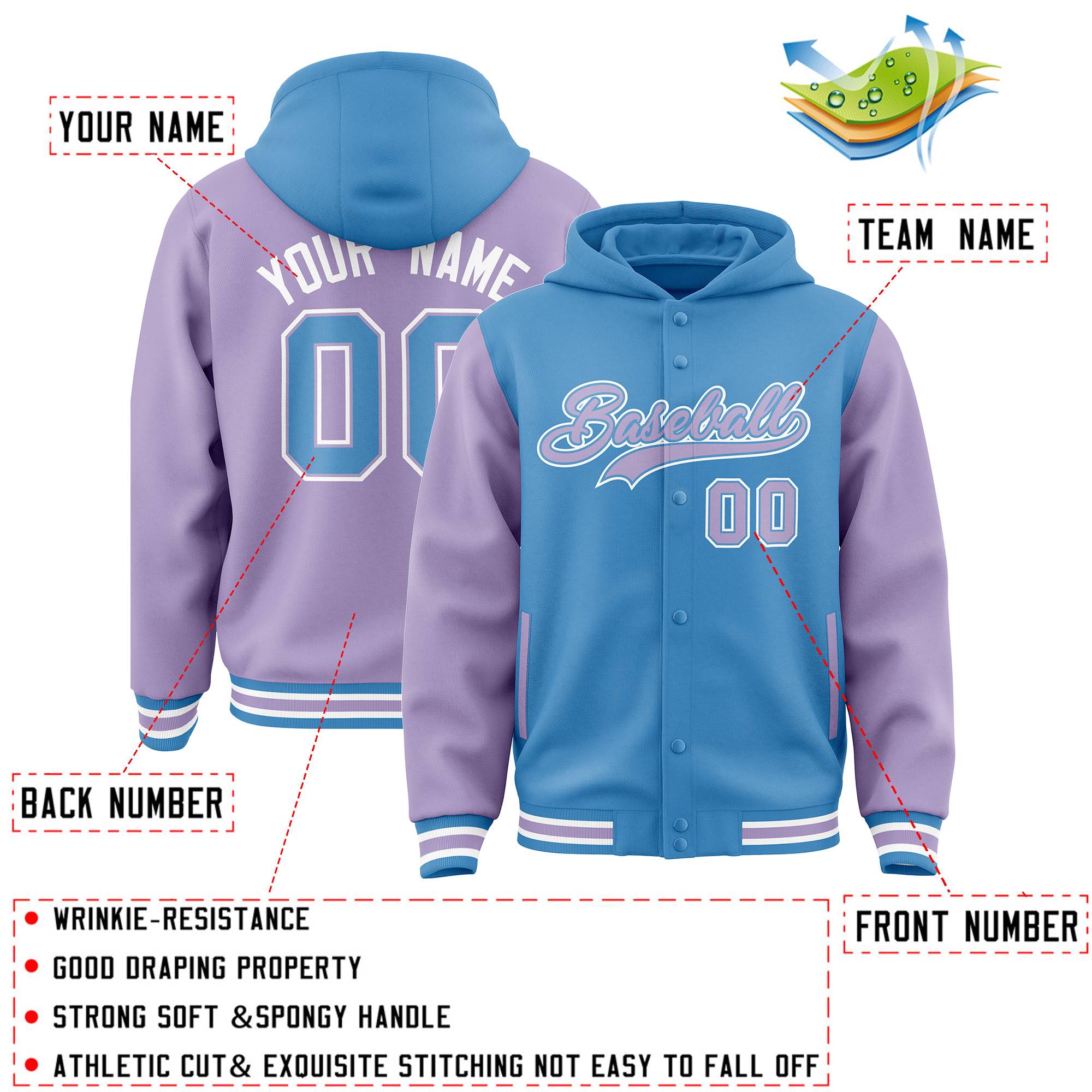 Custom Powder Blue Light Purple Raglan Sleeves Varsity Full-Snap Letterman Two Tone Hoodie Jacket