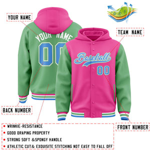 Custom Pink Green Raglan Sleeves Varsity Full-Snap Letterman Two Tone Hoodie Jacket