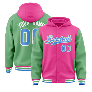 Custom Pink Green Raglan Sleeves Varsity Full-Snap Letterman Two Tone Hoodie Jacket