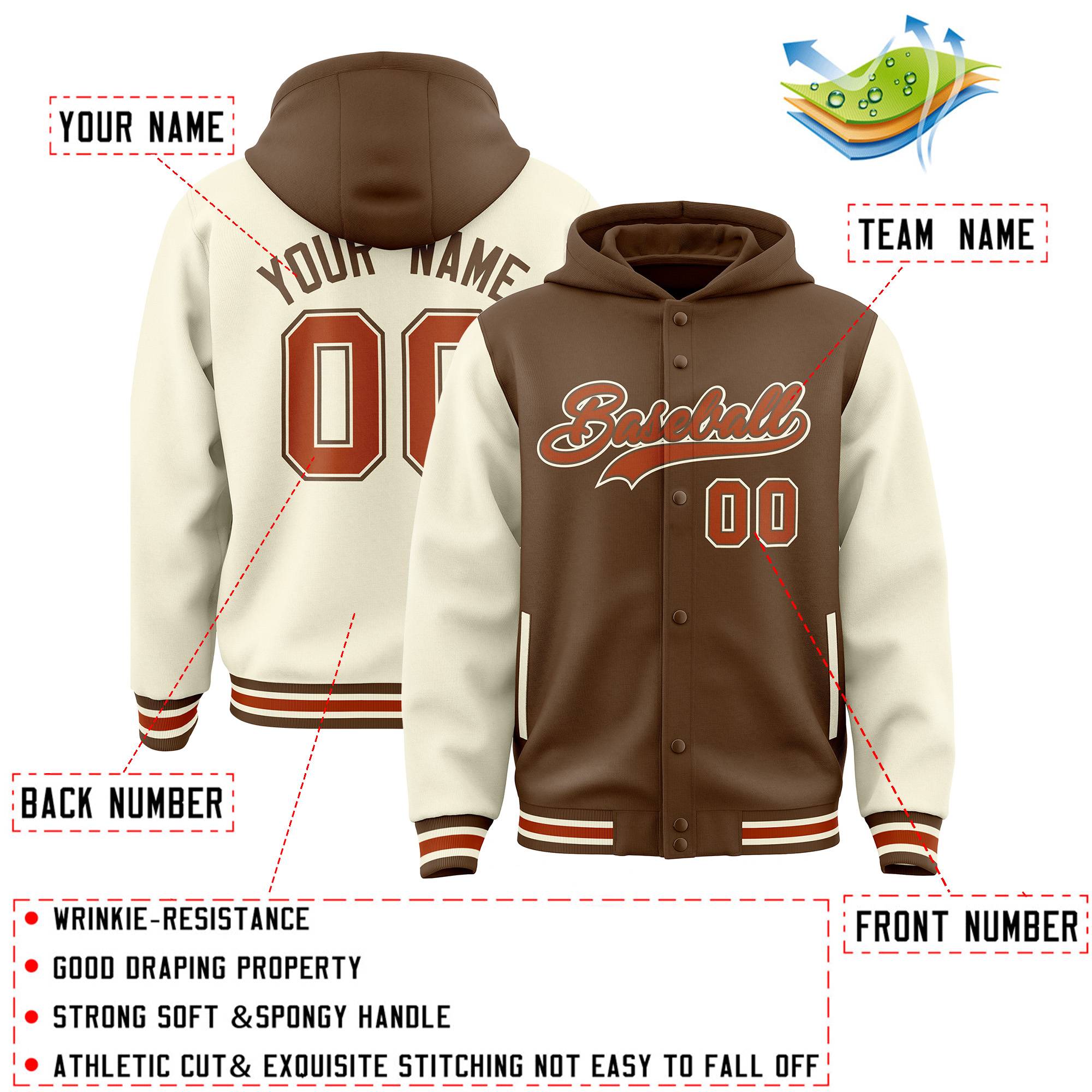 Custom Light Brown Cream Raglan Sleeves Varsity Full-Snap Letterman Two Tone Hoodie Jacket