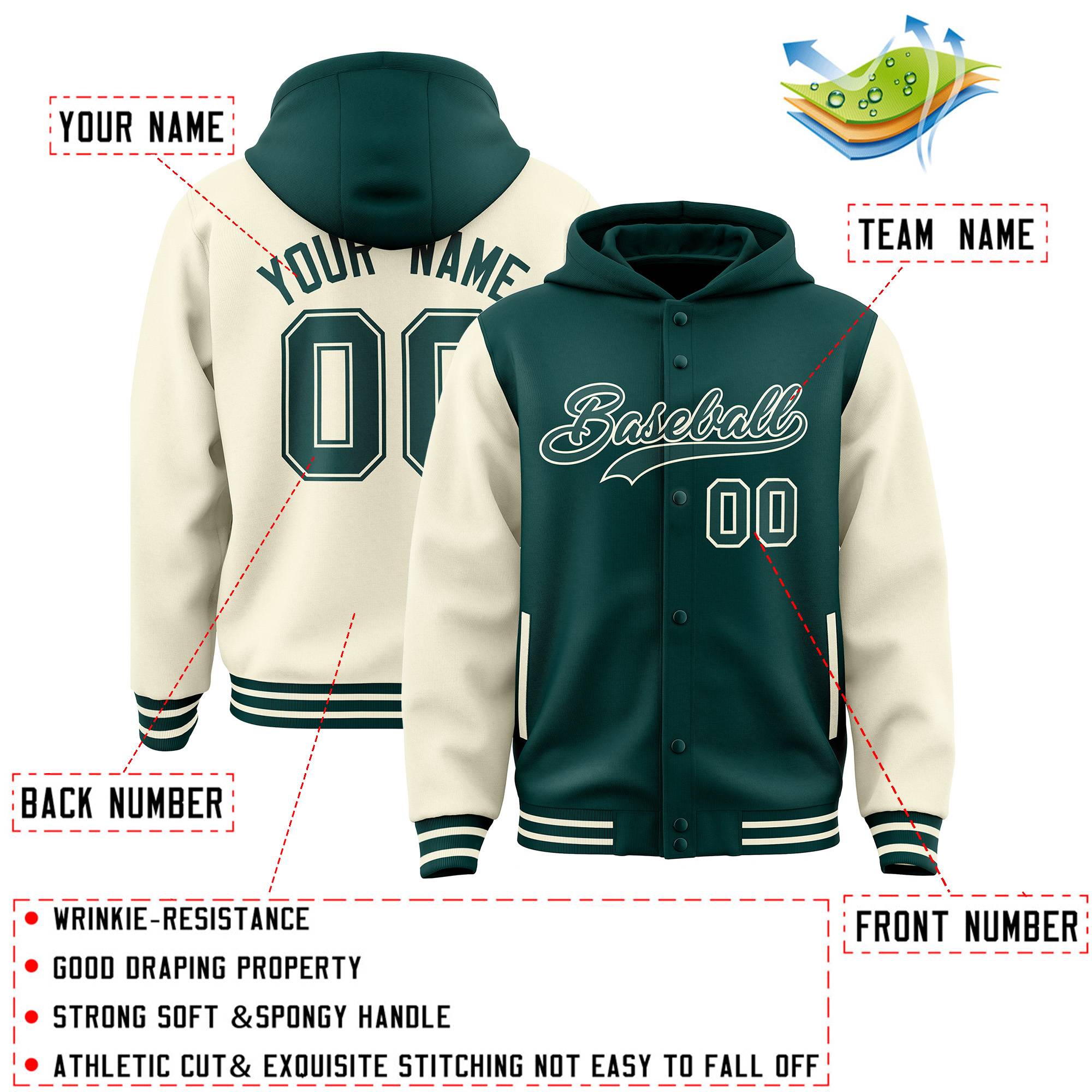 Custom Midnight Green Cream Raglan Sleeves Varsity Full-Snap Letterman Two Tone Hoodie Jacket