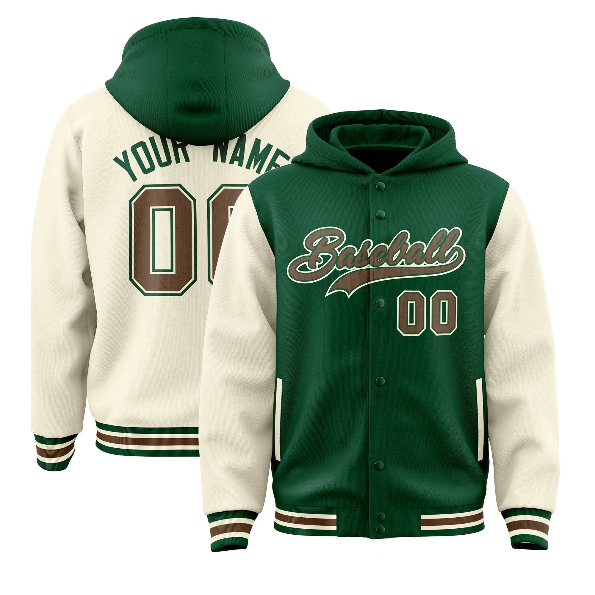 Custom Green Cream Raglan Sleeves Varsity Full-Snap Letterman Two Tone Hoodie Jacket