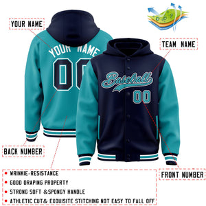 Custom Navy Aqua Raglan Sleeves Varsity Full-Snap Letterman Two Tone Hoodie Jacket