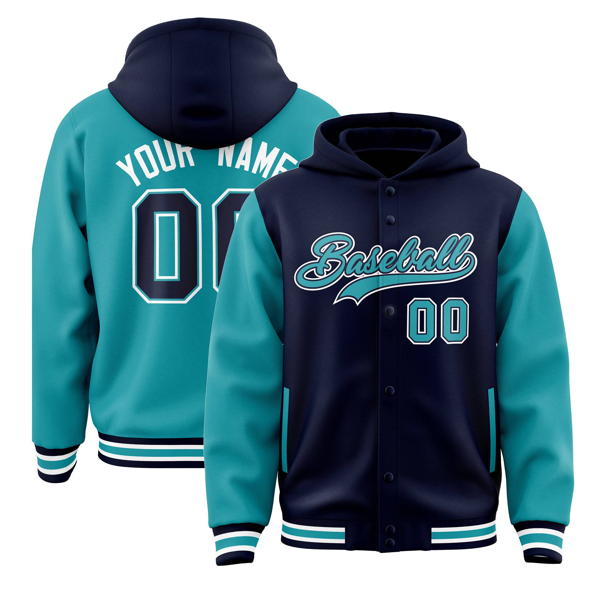 Custom Navy Aqua Raglan Sleeves Varsity Full-Snap Letterman Two Tone Hoodie Jacket