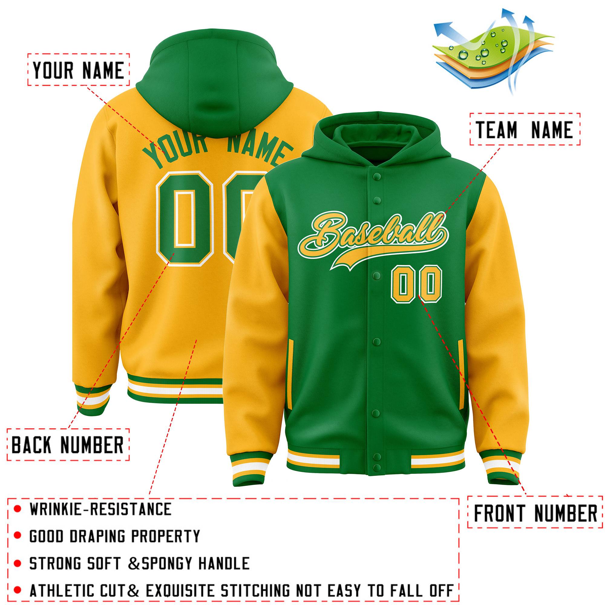 Custom Kelly Green Gold Raglan Sleeves Varsity Full-Snap Letterman Two Tone Hoodie Jacket