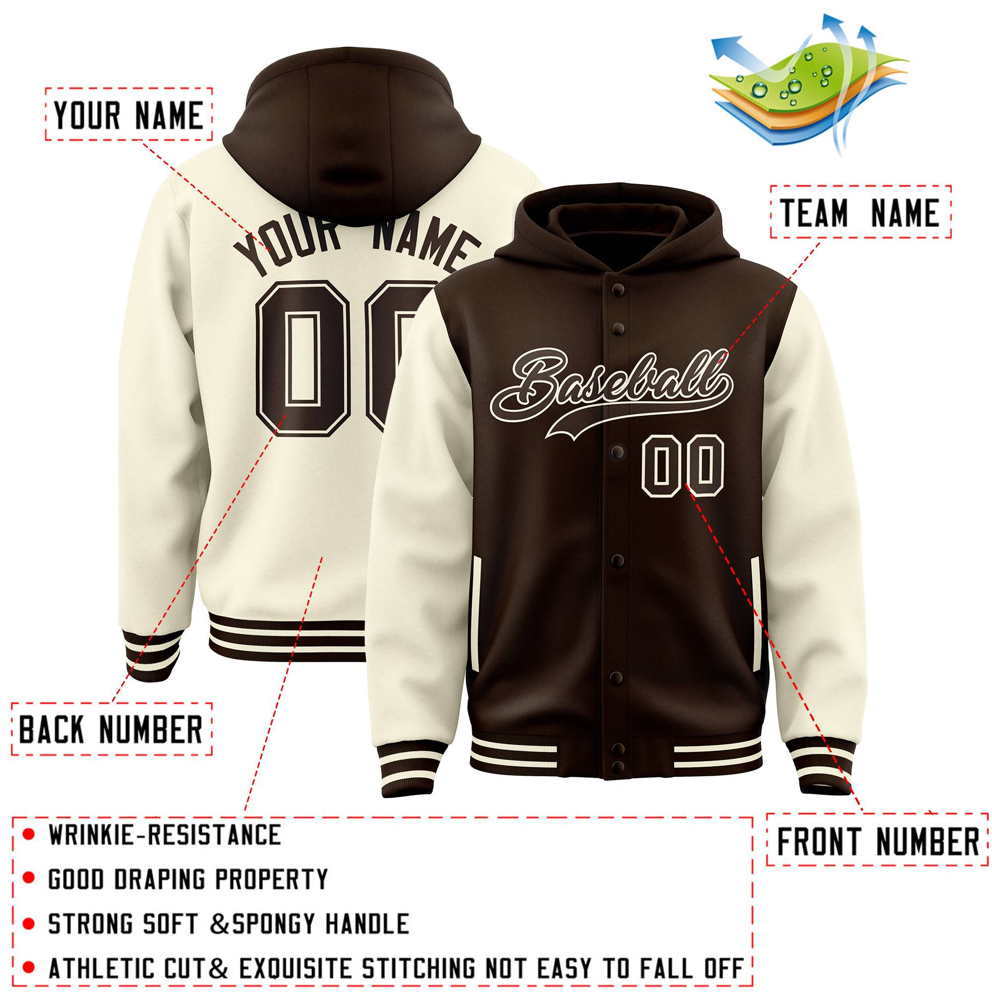 Custom Brown Cream Raglan Sleeves Varsity Full-Snap Letterman Two Tone Hoodie Jacket