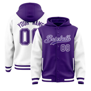 Custom Purple White Raglan Sleeves Varsity Full-Snap Letterman Two Tone Hoodie Jacket