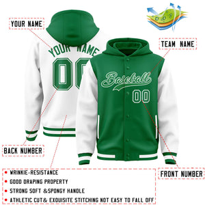 Custom Kelly Green White Raglan Sleeves Varsity Full-Snap Letterman Two Tone Hoodie Jacket