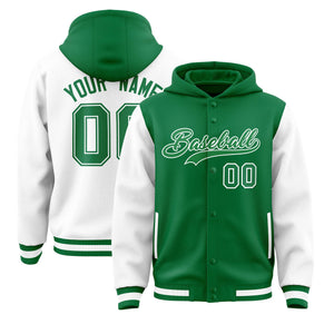 Custom Kelly Green White Raglan Sleeves Varsity Full-Snap Letterman Two Tone Hoodie Jacket