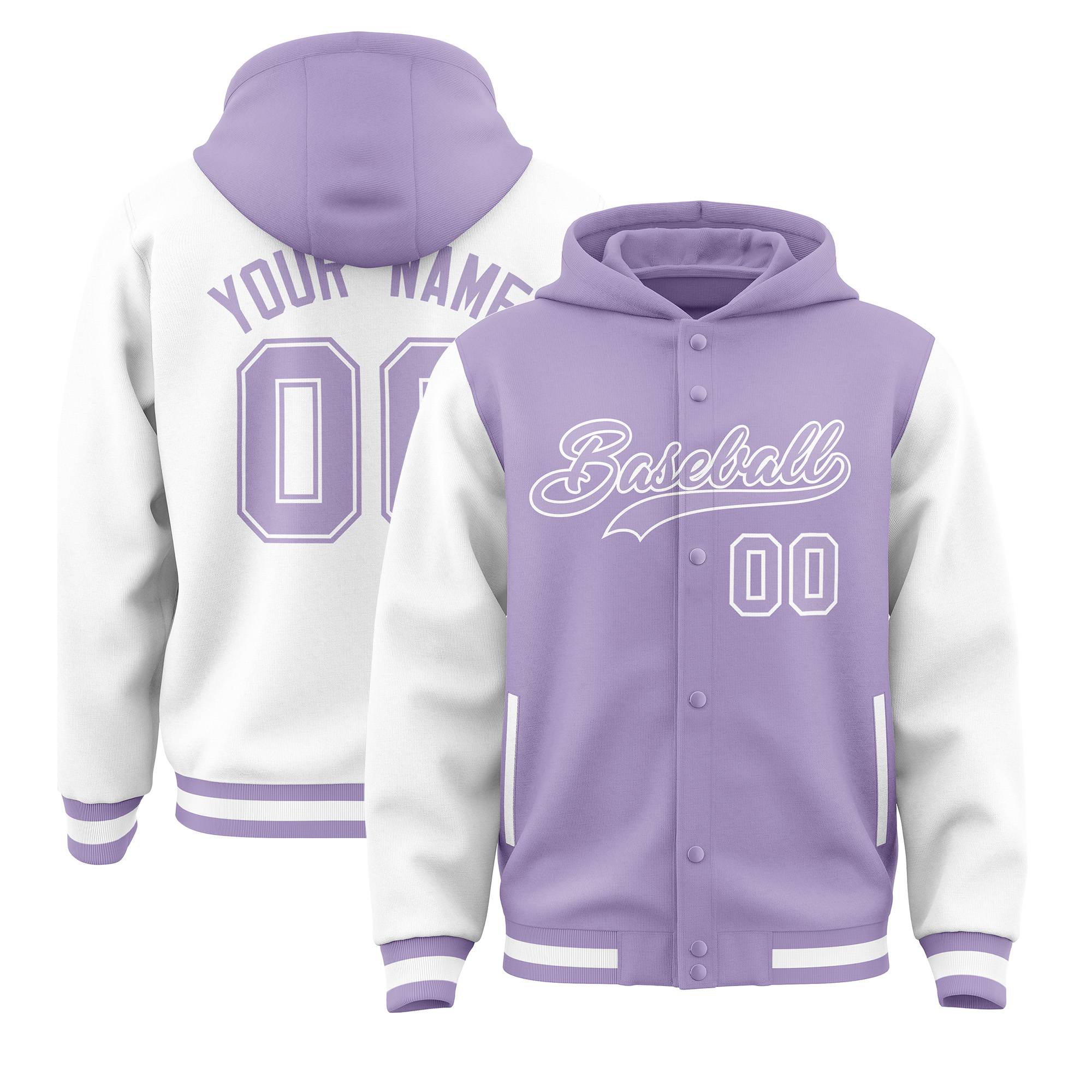 Custom Light Purple White Raglan Sleeves Varsity Full-Snap Letterman Two Tone Hoodie Jacket