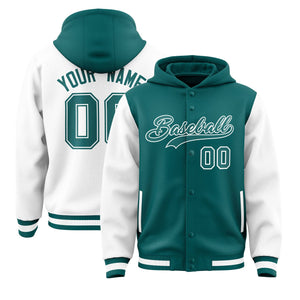 Custom Aqua White Raglan Sleeves Varsity Full-Snap Letterman Two Tone Hoodie Jacket