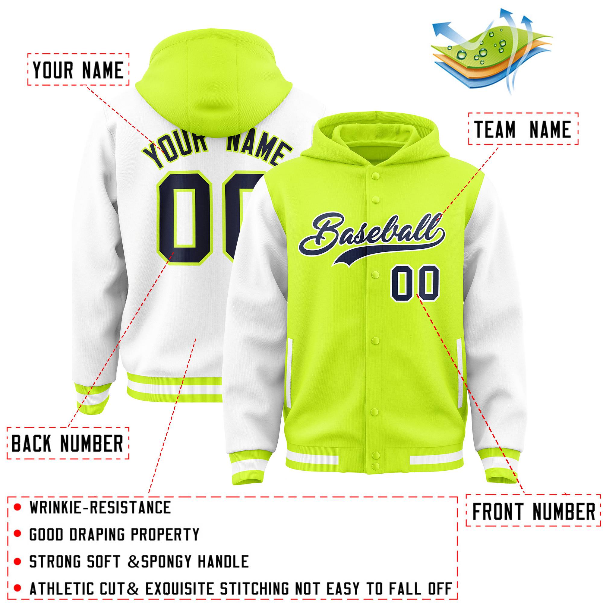 Custom Neon Green White Raglan Sleeves Varsity Full-Snap Letterman Two Tone Hoodie Jacket