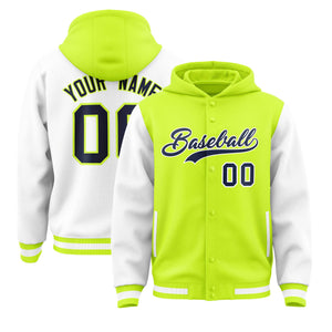 Custom Neon Green White Raglan Sleeves Varsity Full-Snap Letterman Two Tone Hoodie Jacket