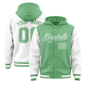 Custom Green White Raglan Sleeves Varsity Full-Snap Letterman Two Tone Hoodie Jacket