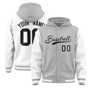 Custom Gray White Raglan Sleeves Varsity Full-Snap Letterman Two Tone Hoodie Jacket