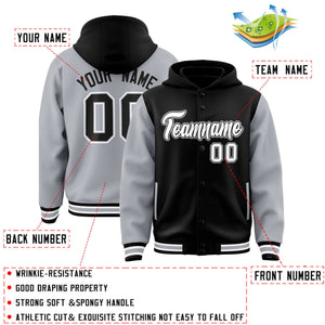 Custom Black Gray Raglan Sleeves Varsity Full-Snap Letterman Two Tone Hoodie Jacket