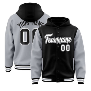 Custom Black Gray Raglan Sleeves Varsity Full-Snap Letterman Two Tone Hoodie Jacket