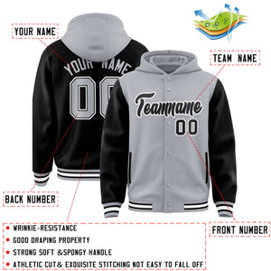 Custom Gray Black Raglan Sleeves Varsity Full-Snap Letterman Two Tone Hoodie Jacket