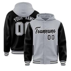 Custom Gray Black Raglan Sleeves Varsity Full-Snap Letterman Two Tone Hoodie Jacket