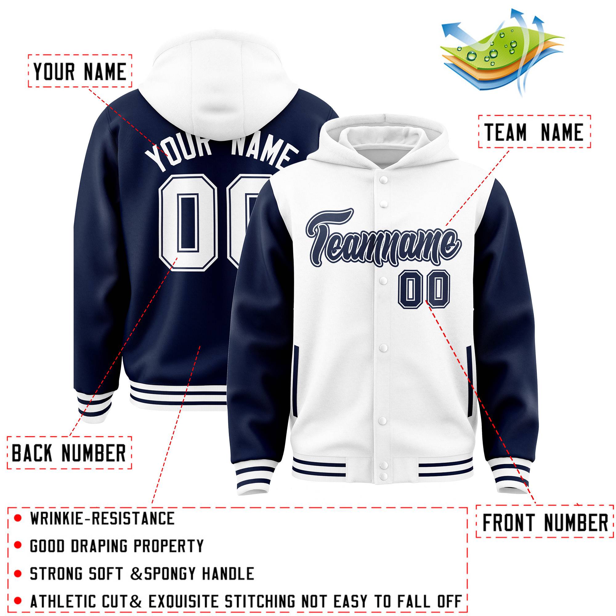 Custom White Navy Raglan Sleeves Varsity Full-Snap Letterman Two Tone Hoodie Jacket