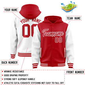 Custom Red White Raglan Sleeves Varsity Full-Snap Letterman Two Tone Hoodie Jacket