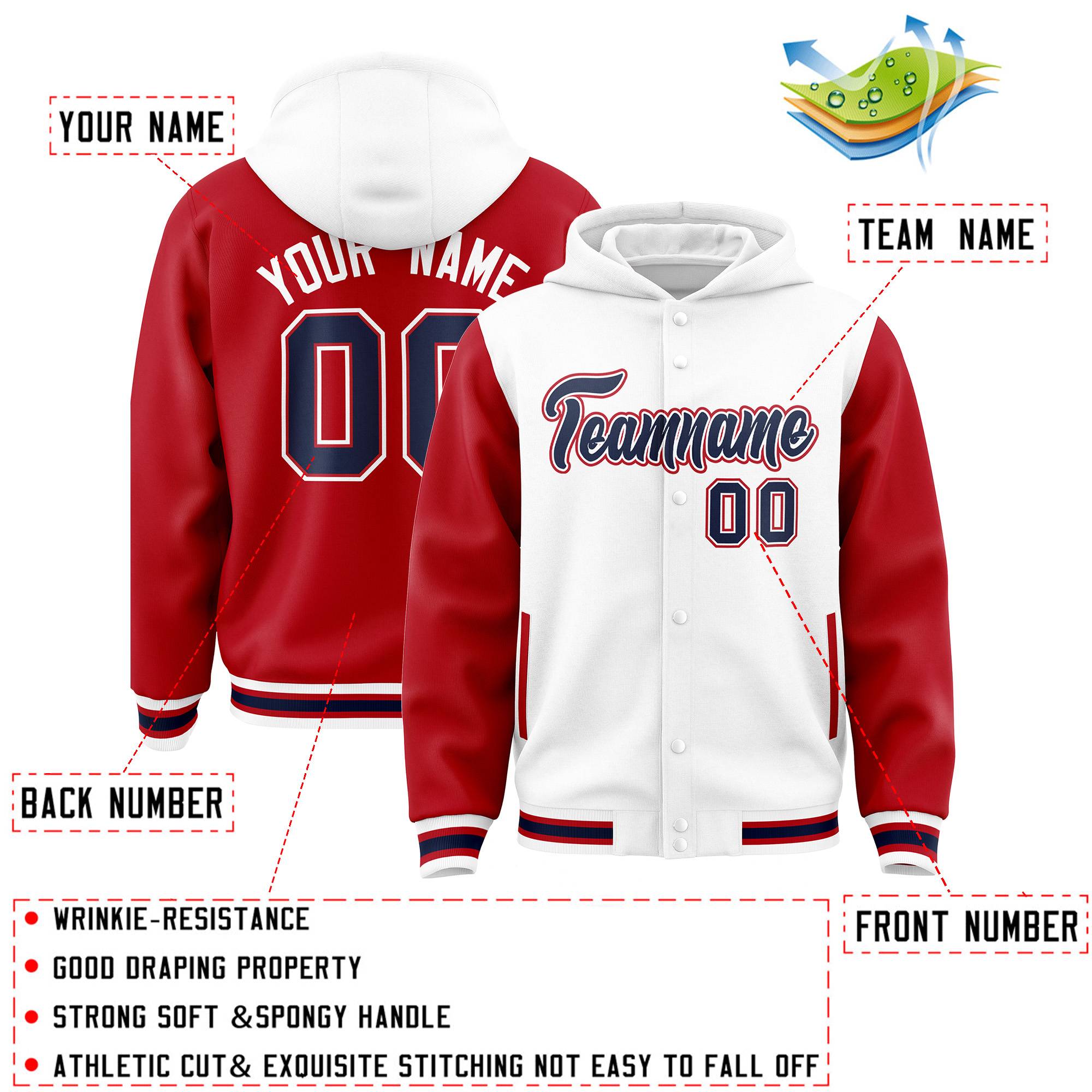 Custom White Red Raglan Sleeves Varsity Full-Snap Letterman Two Tone Hoodie Jacket