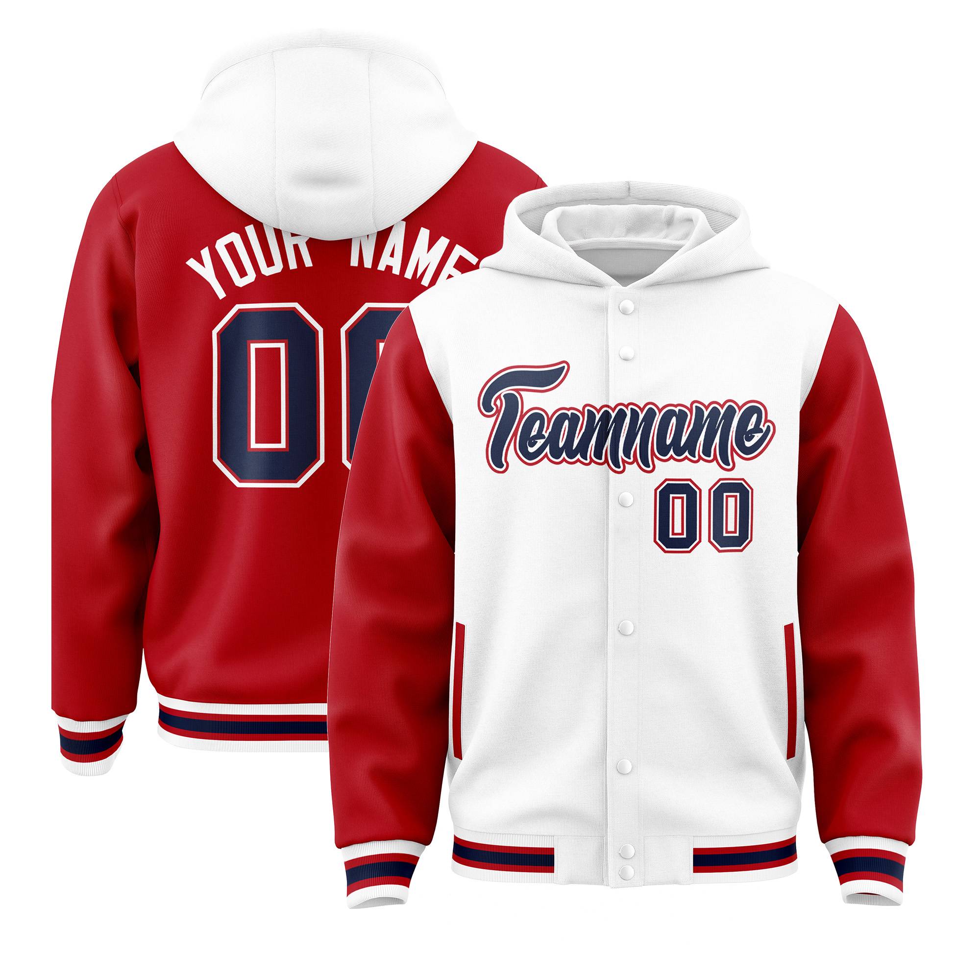 Custom White Red Raglan Sleeves Varsity Full-Snap Letterman Two Tone Hoodie Jacket