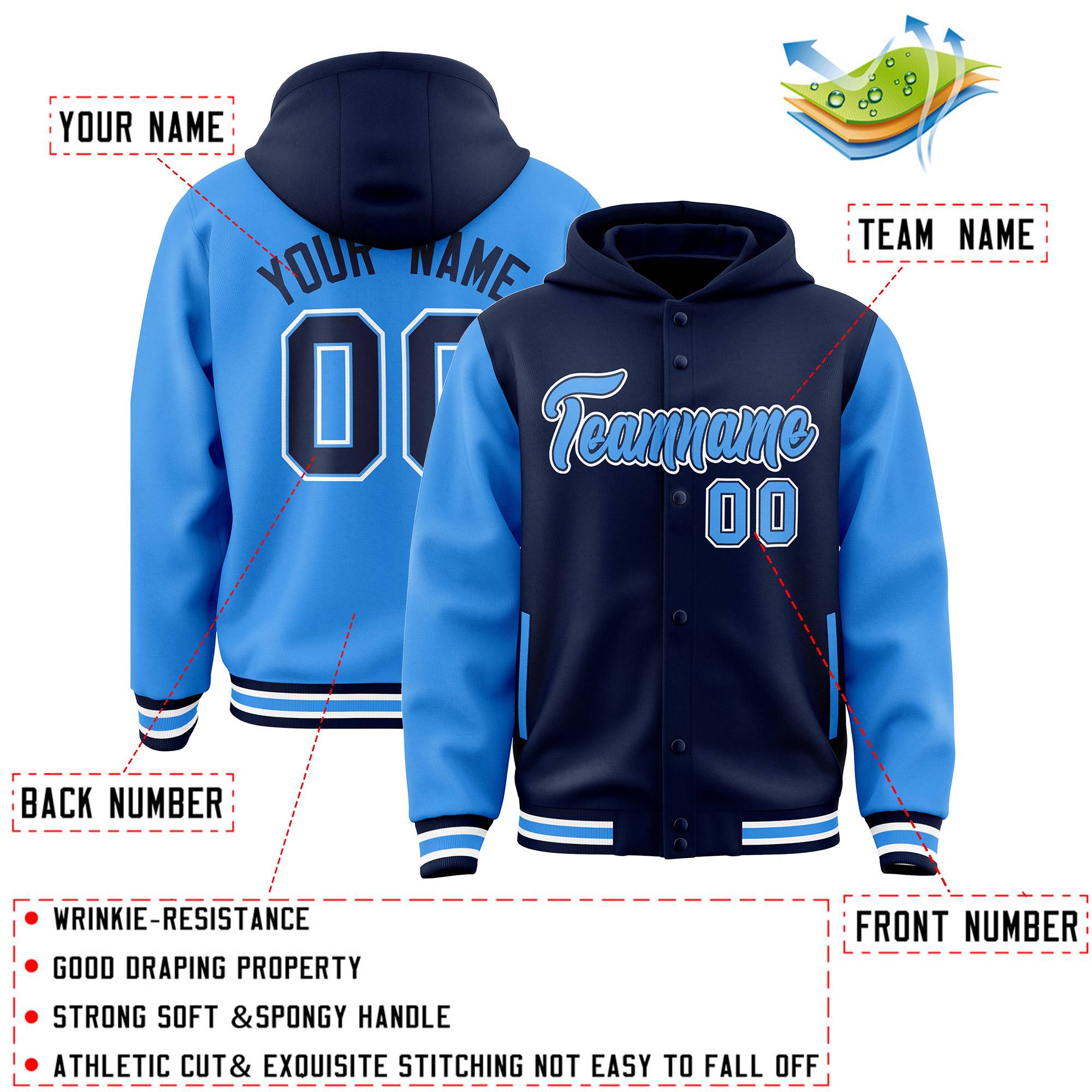 Custom Navy Powder Blue Raglan Sleeves Varsity Full-Snap Letterman Two Tone Hoodie Jacket