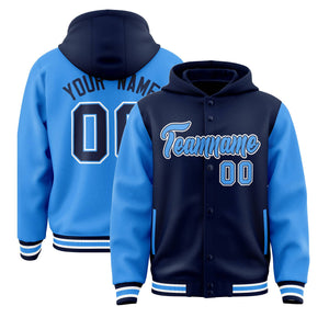 Custom Navy Powder Blue Raglan Sleeves Varsity Full-Snap Letterman Two Tone Hoodie Jacket