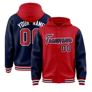 Custom Red Navy Raglan Sleeves Varsity Full-Snap Letterman Two Tone Hoodie Jacket