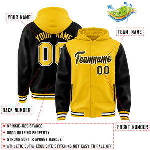 Custom Gold Black Raglan Sleeves Varsity Full-Snap Letterman Two Tone Hoodie Jacket