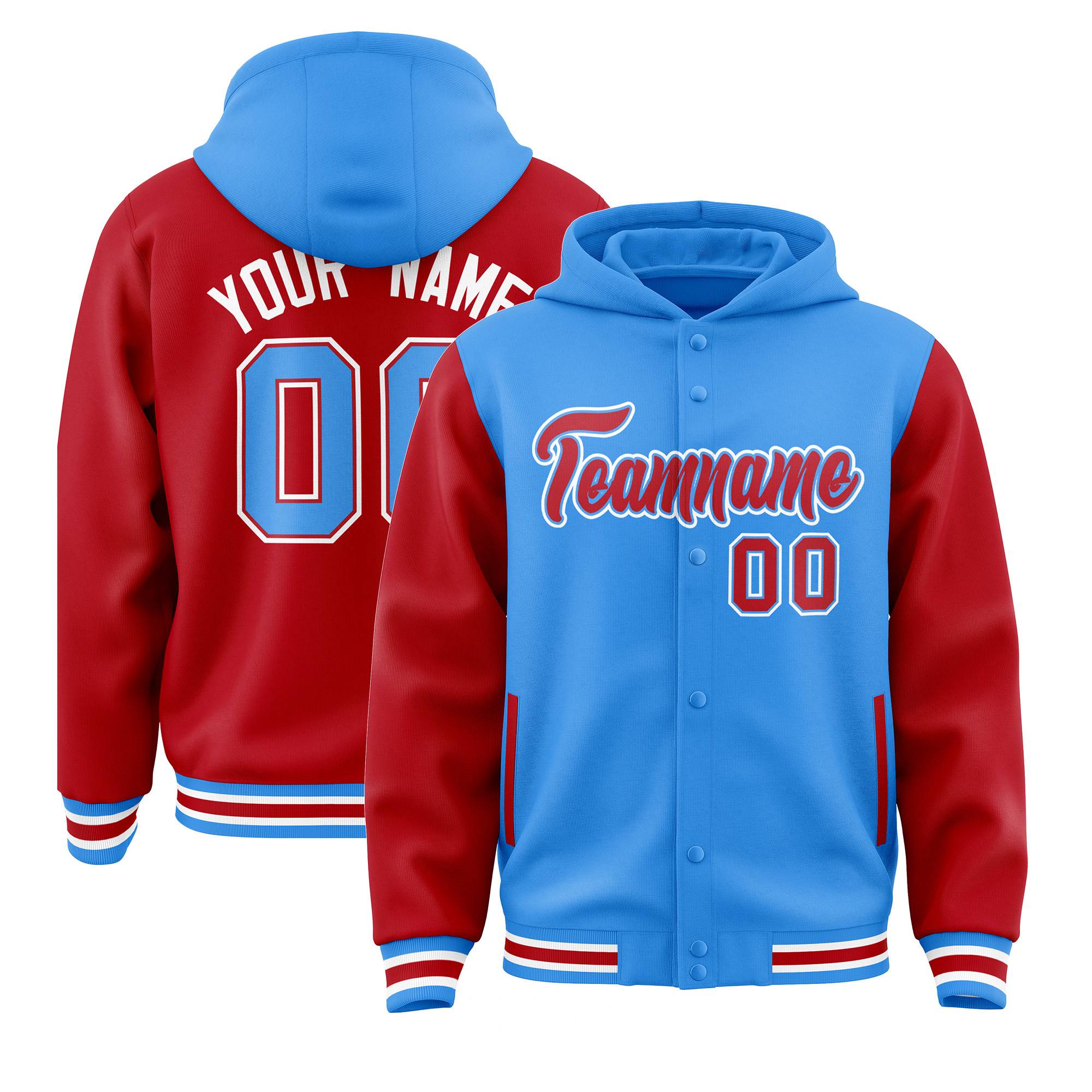 Custom Powder Blue Red Raglan Sleeves Varsity Full-Snap Letterman Two Tone Hoodie Jacket